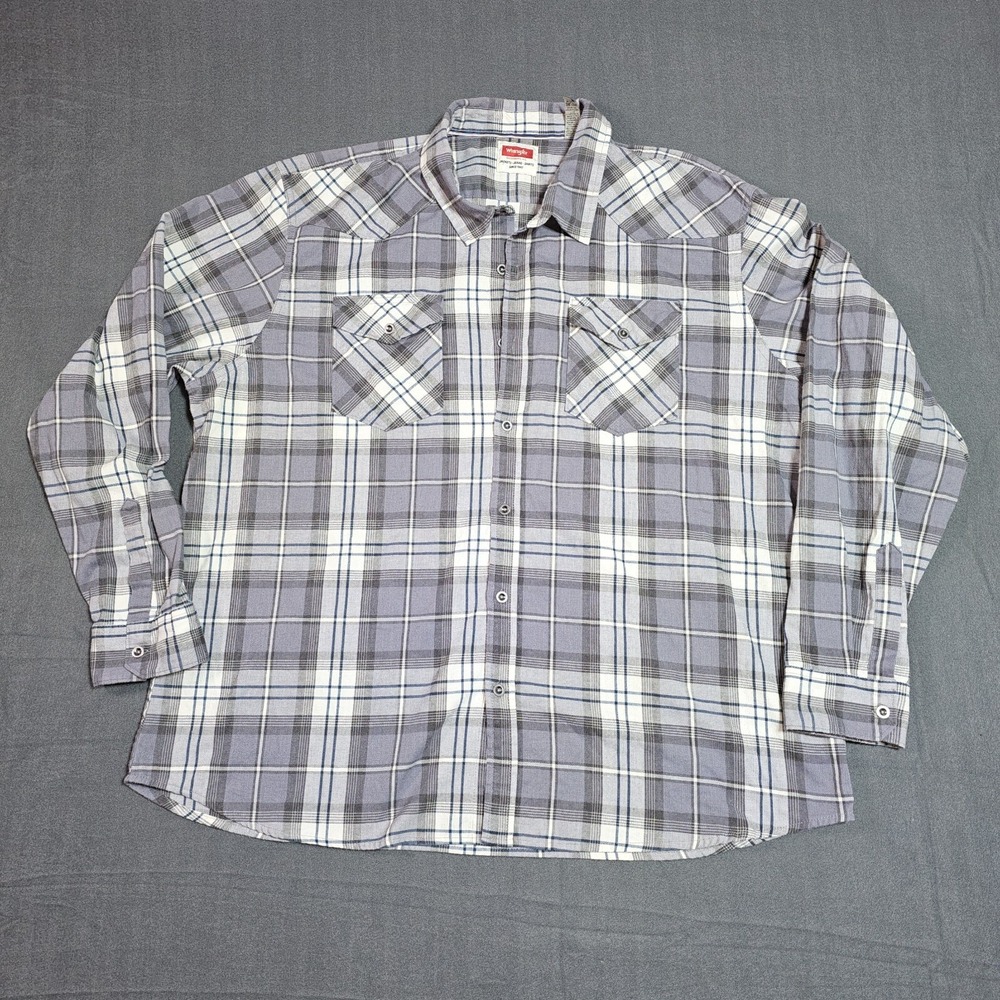 Wrangler Mens 3XL Gray Plaid Western Button Front Long Sleeve Shirt Stretch